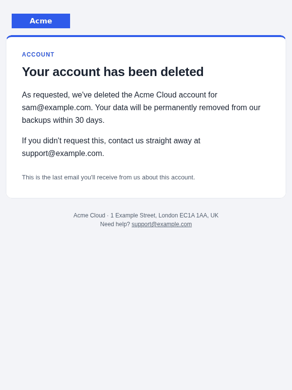 Account deleted confirmation email template: screenshot, desktop, light mode