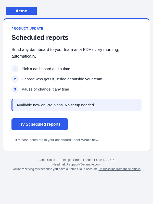 Feature announcement email template: screenshot, desktop, light mode