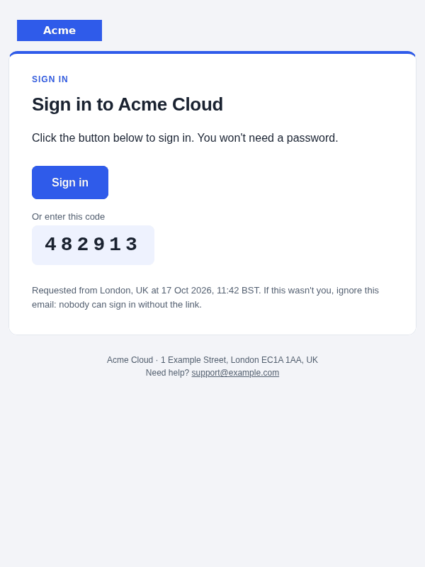 Magic link sign-in email template: screenshot, desktop, light mode