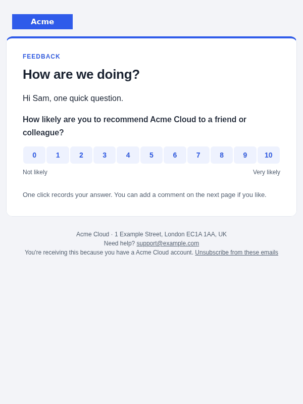 NPS survey email template: screenshot, desktop, light mode