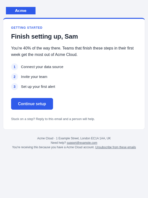 Onboarding checklist email template: screenshot, desktop, light mode