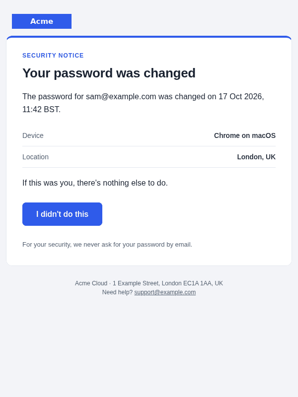 Password changed security email template: screenshot, desktop, light mode