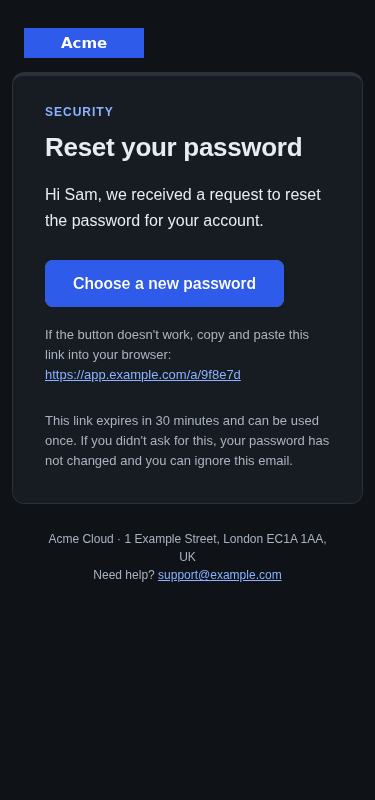 Password reset email template: screenshot, mobile, dark mode