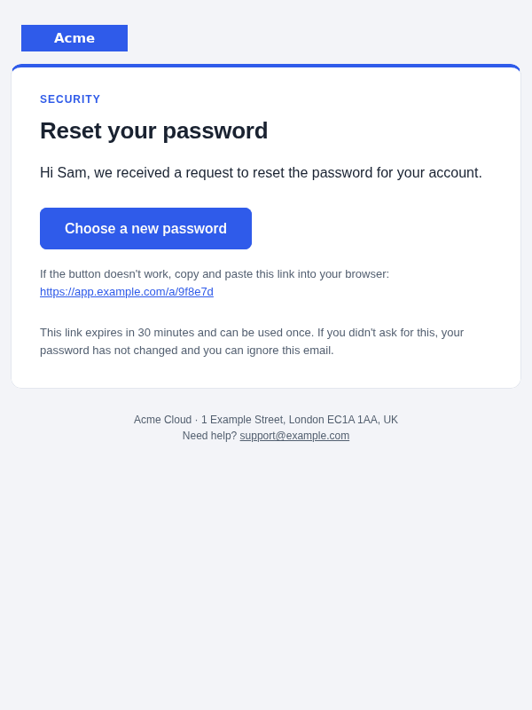Password reset email template: screenshot, desktop, light mode