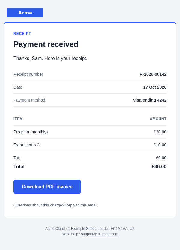 Receipt email template: screenshot, desktop, light mode