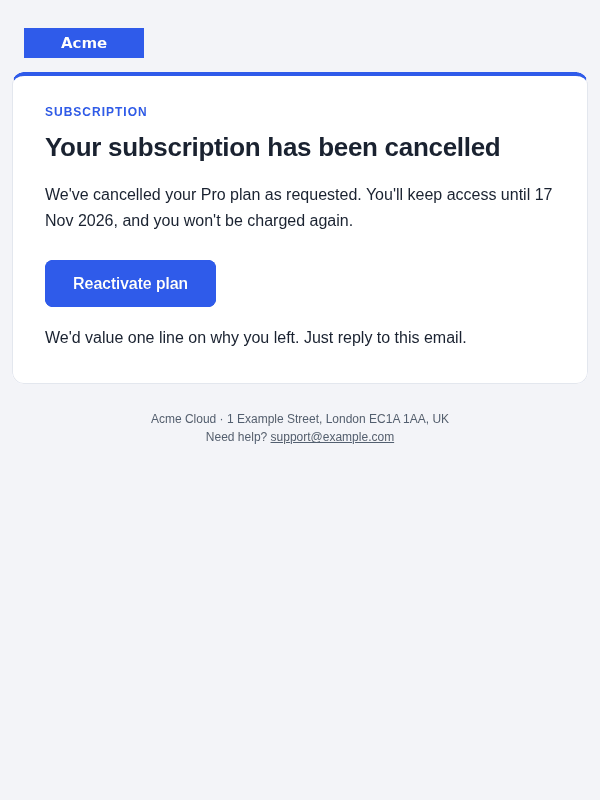 Subscription cancelled email template: screenshot, desktop, light mode