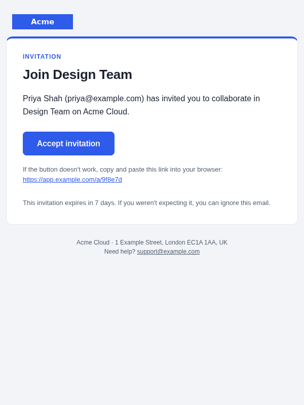 Team invitation email template: screenshot, desktop, light mode