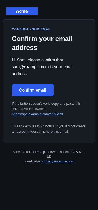 Email verification template: screenshot, mobile, dark mode