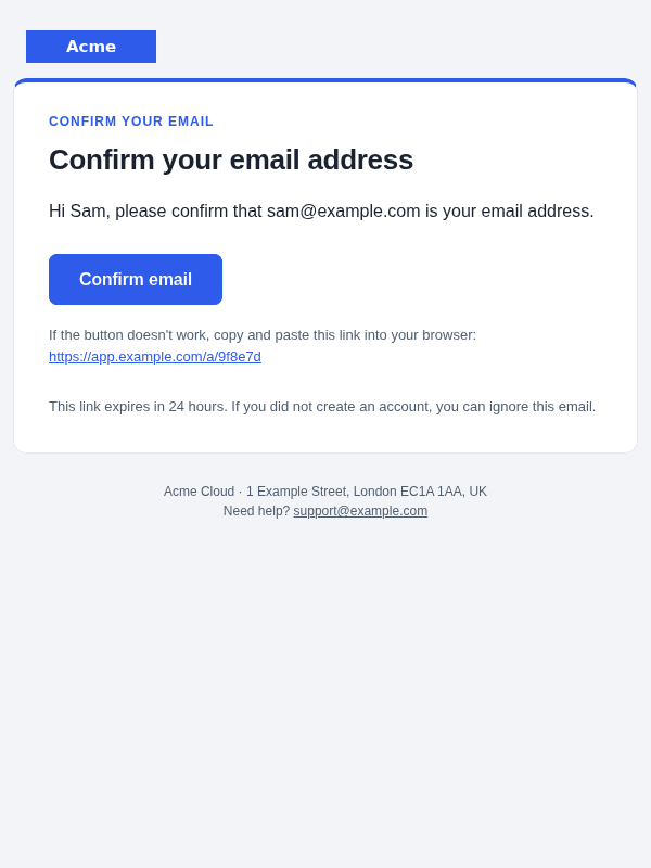 Email verification template: screenshot, desktop, light mode