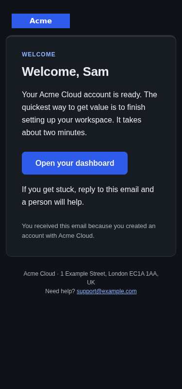 Welcome email template: screenshot, mobile, dark mode
