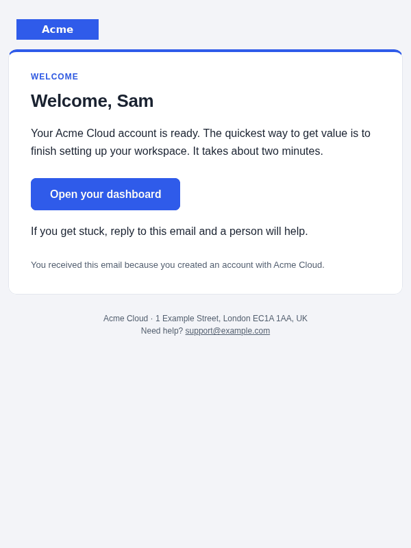 Welcome email template: screenshot, desktop, light mode