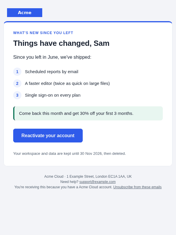 Win-back email template: screenshot, desktop, light mode